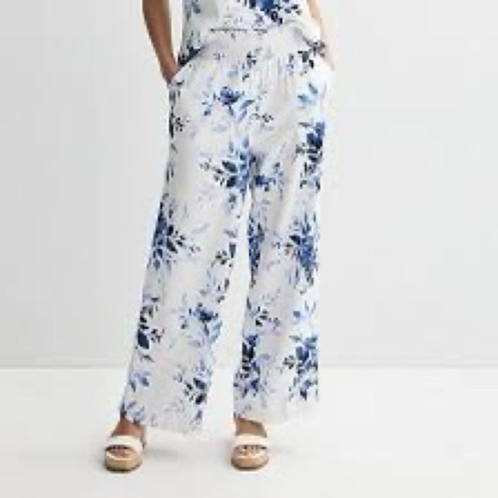 Women’s Ellen Tracey Floral Toile Blue and White Linen Blend Sz S Pants